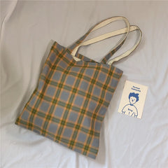 LIZAKOSHT - Women Lattice Cloth Shoulder Bag Cotton Large Capacity Plaid Daily Shopping Thick Book Bags Girls School Shopper Tote
