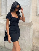 LIZAKOSHT - Retro Stitching Tie Bow Square Collar Short Sleeve Mini Dress for Woman Black French Slim Waist Backless Dresses Holiday
