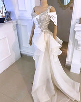 LIZAKOSHT - White Prom Jumpsuit with Crystal Detailing and Detachable Side Peplum Tail Off shoulder Mermaid Evening Gown Pant Suit