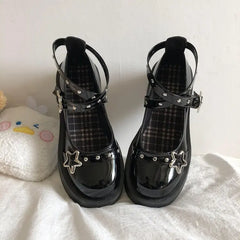 LIZAKOSHT - Lolita Shoes Gothic Chunky Star Buckle Mary Jane Shoes Cute Platform Cross-Tied Wedges Loli Thick Heel Casual Shoes Cosplay