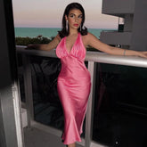 LIZAKOSHT - Sexy Midi Dress Backless Halter Party Dresses for Women Satin Silk-like Eleagnt Long Dress Mujer Vestidos Missnight