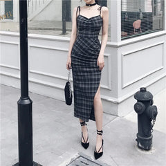 LIZAKOSHT - Punk Gothic Women Black Plaid Sexy Deep V-neck Dress Summer Elegant Fashion Dark Halter High Waist Split Dresses