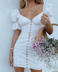 LIZAKOSHT  -  Vintage Short Puff Sleeve Sheath Mini Dress For Women White Cotton Sexy V Neck Summer Dresses bodycon Ladies Party Robe