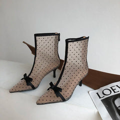 LIZAKOSHT - Fashion Women Ankle Boots Pointed Toe Short Botas Pointed Toe Bow Design Thin Low Heels Back Zipper Fashion Boots Air Mesh Boots
