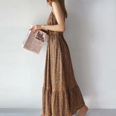 LIZAKOSHT  -  Rayon Leopard Print Long Strap Dresses Women Vintage Sleeveless Drawstring waist Summer Vestidos Boho Beach Dress