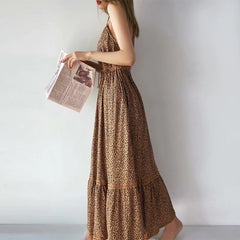 LIZAKOSHT - Rayon Leopard Print Long Strap Dresses Women Vintage Sleeveless Drawstring waist Summer Vestidos Boho Beach Dress