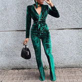 LIZAKOSHT - Women Retro Flare Pants Suit Office Blazer Solid Jackets Elegant Coats Female 2 Piece Sets Slim Outfit With Belt High Waist