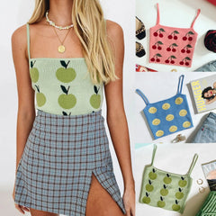 LIZAKOSHT - Missnight Cartoon Print Knitted Crop Top Spaghetti Strap Tank Top Women Backless Cropped Camisole Fashion Streetwear 2021