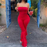 LIZAKOSHT - Women Strapless Bodycon Sexy Casual Jumpsuit Red Fashion New Backless Rompers Stacked Flared Pants Streetwear Overalls One Piece