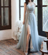 LIZAKOSHT - Fresh Green Celebrity Dresses A-line Split Fork Beading Spaghetti Strap Carpet Floral Print Party Evening Gowns Elegant