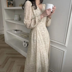 LIZAKOSHT - Women's Spring Summer Floral Print Casual Midi Dress Long Sleeve Elegant Slim Maxi Vestidos Female Fashion Party Clothes