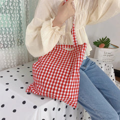 LIZAKOSHT - Women Cloth Eco Bag Korean Canvas Shoulder Large Shopping Bags Plaid Ladies Pouch Girls Book Handbags Bolsa Feminina Bolsa Tela