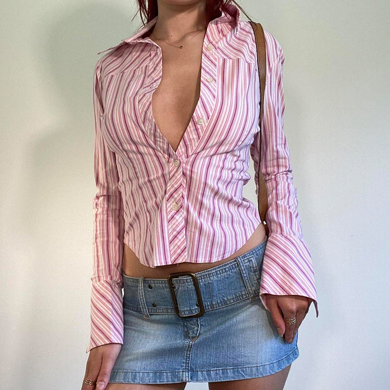 Fashionable Retro Street Commuter Style Striped Shirt 2024 American Temperament New Casual Cardigan Long Sleeve T