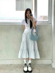 LIZAKOSHT - Korean Style Pleated Skirt All-match Low Waist Mid-length Umbrella Skirt