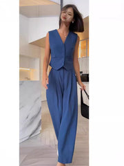 LIZAKOSHT - Women's Button Front V Neck Vest & Elastic Waist Pants Set, Casual Sleeveless Top & Wide Leg Trousers for Summer, Ladies Clothes for Daily Wear, Women Clothing, 2 Piece Set Women