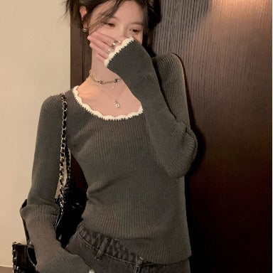 fall outfits 2024 Contrast Color Trim Slim Long Sleeve Knit