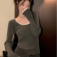 fall outfits 2024 Contrast Color Trim Slim Long Sleeve Knit