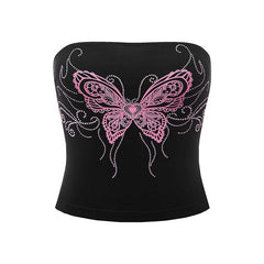 y2k 2024 Women Tube Top Sexy Y2g Women Top Butterfly Print Rhinestone