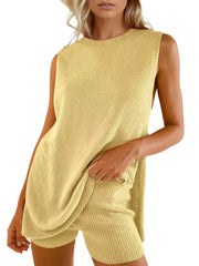 LIZAKOSHT - Womens Summer Knit Sweater Set Sleeveless Tunic Top Matching Shorts 2 Piece Outfits Trendy Beach Vacation Set