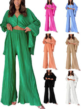 LIZAKOSHT - New Cross-border Women's Spring Solid Color Pleated Single-breasted Top High Waist Wide-leg Flared Pants Home Wear Suit