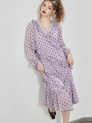 Lizakosht Summer Vintage Women Maxi Ruffle Dress Long Sleeve Cake Dress Polka Dot Print Sexy Maxi Tunic Beach Dress Vocation