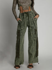 LIZAKOSHT - American Retro Washed Distressed Jeans Spring and Autumn Women's Fashion Niche Ribbon Design Multi-pocket Overalls