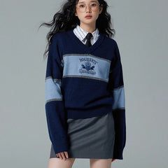 fall outfits 2024 2024 Spring and Autumn New Harry Potter Embroidered Striped Contrast Color Sweater Sweater Women's V-neck Sweet All-Match Top