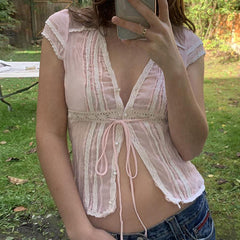 LIZAKOSHT - Sweet Girl Lace Patchwork Top Lace-up Cardigan Slim Fit V-Neck Navel-Exposed Short Sleeve T-Shirt