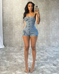 LIZAKOSHT - PopularGirl 2024 Summer New Denim Jumpsuit F88554 Tube Top Stretch One-Piece Shorts