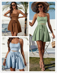LIZAKOSHT - Two-Piece Set Women's Ruched Shirred Crop Cami Top & Belted A-Line Skirt Set, Solid Spaghetti Strap Top & High Waist Flared Skirt Set For Summer, Fashion Chic Women's Two-Piece Outfits For Beach Vacation Holiday Party, Summer Clothes Women