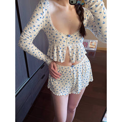 fall outfits 2024 Girl's Pure Floral Long-Sleeved Pajamas Women's 2024 New Spring Hot Girl Sexy Homewear Shorts Suit Summer
