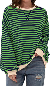 LIZAKOSHT - Fisoew Womens Striped Oversized Sweatshirt Color Block Crew Neck Long Sleeve Shirt Casual Loose Pullover Top Y2K Clothes