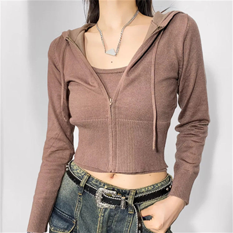 2000s fashion Hot Girl Autumn and Winter Hooded Knitted Cardigan Coat Women's Short Fake Two-Piece Slim-Fit Sling Two-Piece Suit Pullover Sweater