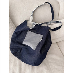 Retro Denim Plaid Stitching Double-Sided Back Tote Shoulder Bag Korean Simple College All-Match Homemade Autumn and Winter New