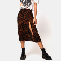 LIZAKOSHT - Flower Leopard Print High Waist Elastic Split Long A-line Skirt for Women 11 Colors 4 Sizes