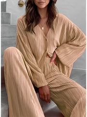 LIZAKOSHT - New Cross-border Women's Spring Solid Color Pleated Single-breasted Top High Waist Wide-leg Flared Pants Home Wear Suit