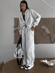 LIZAKOSHT - European and American Spring and Summer New Casual Sports Short Sweater Suit Women's Spring and Autumn Loose and Comfortable Striped Trousers Two-piece Suit