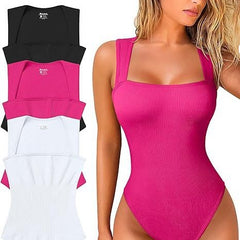 LIZAKOSHT - Women's 3 Piece Basic Bodysuits Sexy Ribbed Strappy Square Neck Sleeveless Bodysuits