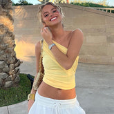 LIZAKOSHT - Women's One Shoulder Ruched Wrap Crop Tank Top, Solid Sleeveless Cropped Top for Summer, Fashion Casual Women's Clothing for Daily Wear