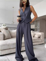 LIZAKOSHT - Women's Button Front V Neck Vest & Elastic Waist Pants Set, Casual Sleeveless Top & Wide Leg Trousers for Summer, Ladies Clothes for Daily Wear, Women Clothing, 2 Piece Set Women