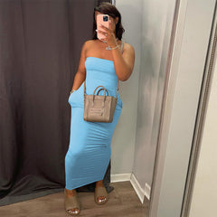 LIZAKOSHT - Women's Solid Pocket Bodycon Dress without Bag, Fashion Casual Sleeveless Long Dress for Daily Outdoor Wear, Ladies Dress for Summer