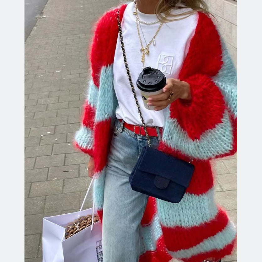 fall 2024 fashion trends Autumn New Knitted Contrast Color Striped Lazy Sweater Long Coat,