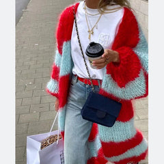 fall 2024 fashion trends Autumn New Knitted Contrast Color Striped Lazy Sweater Long Coat,