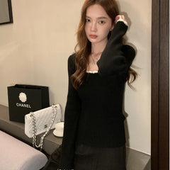 fall outfits 2024 Contrast Color Trim Slim Long Sleeve Knit