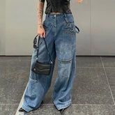2000s fashion Patchwork Blue Wash Baggy Cargo Jeans