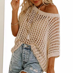 LIZAKOSHT - Womens Summer Scoop Neck Short Sleeve Sweater Casual Crochet Hollow Out Knit Tops Pullover Shirts Beach Coverup