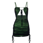 y2k dress to impress Women's Sexy Black Mesh Stitching One-Piece Mini Party Dress Strap Green Lace-up Dress