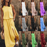 LIZAKOSHT - 2024 Summer European and American Women's Clothing Trend Retro Round Neck Sleeveless Slit Solid Color Two-piece Dress