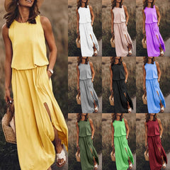 LIZAKOSHT - 2024 Summer European and American Women's Clothing Trend Retro Round Neck Sleeveless Slit Solid Color Two-piece Dress
