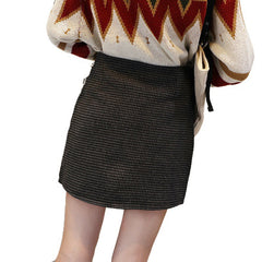 fall outfits women Plaid Woolen A- line Skirt Autumn and Winter Fashion Irregular High Waist Slimming Hip Skirt Anti-Exposure Skirt